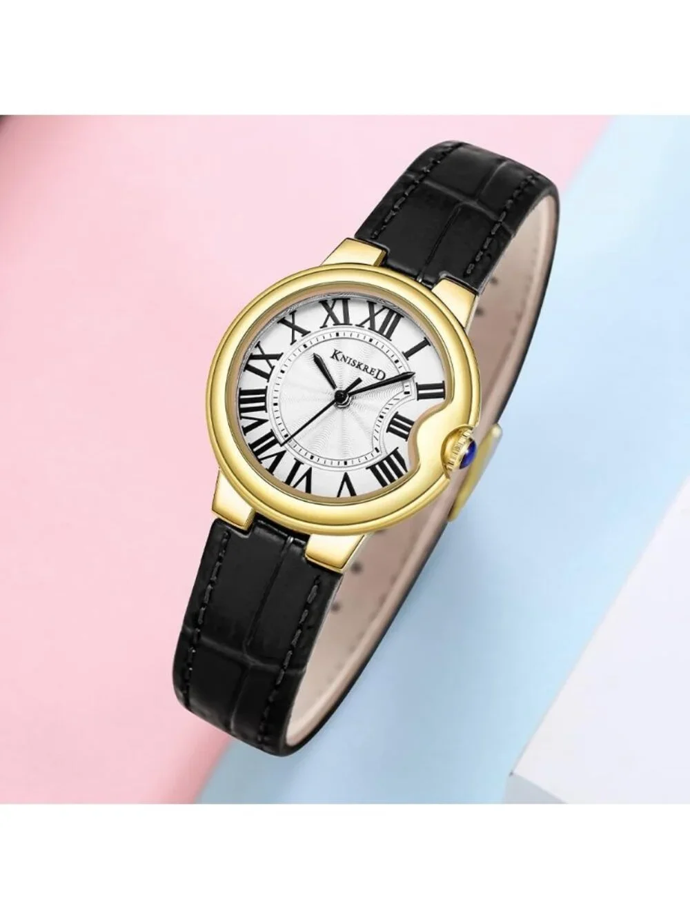 Women's Black Gold Roman Numerals Solid Vintage Leather Strap Wrist Watches